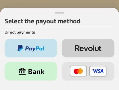 AttaPoll direct payment options showing PayPal, Revolut, Bank transfer, and Mastercard Visa