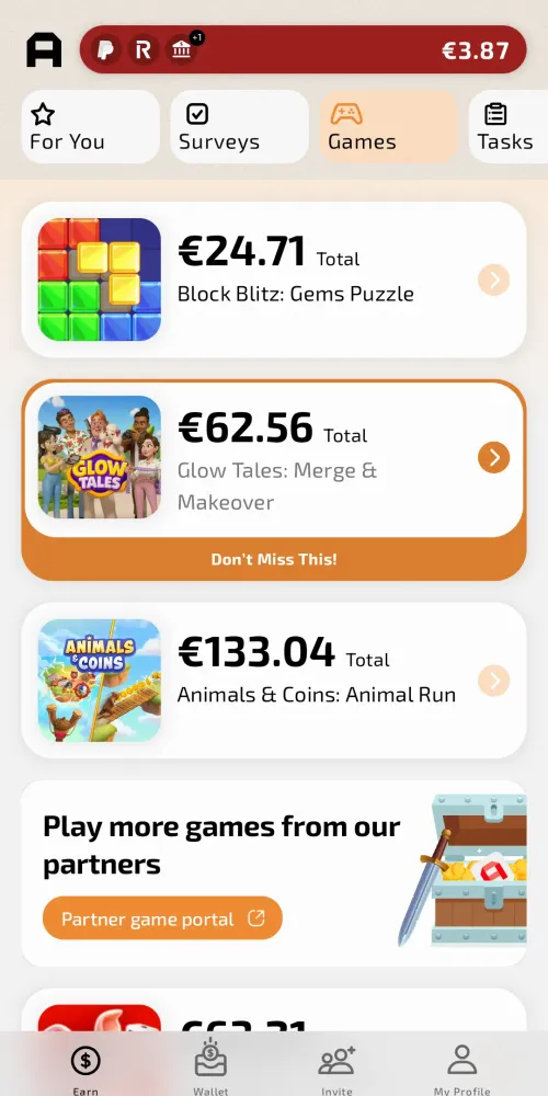 AttaPoll games tab showing game offers including Block Blitz for 24.71 euros, Glow Tales for 62.56 euros, and Animals and Coins for 133.04 euros