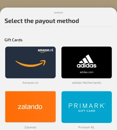 AttaPoll gift card options including Amazon, adidas, Zalando, Primark, Decathlon, H and M, Media Markt, and Steam