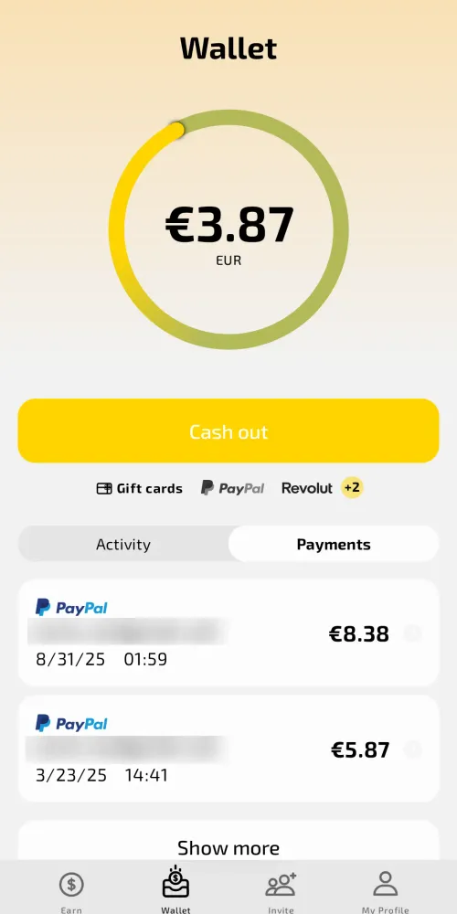 AttaPoll wallet showing 3.87 euro balance, cash out button, PayPal and Revolut payment options, and past PayPal payment history of 8.38 and 5.87 euros