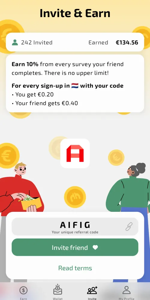 AttaPoll referral page showing unique referral code, referral link, and 10 percent lifetime commission on referred users earnings
