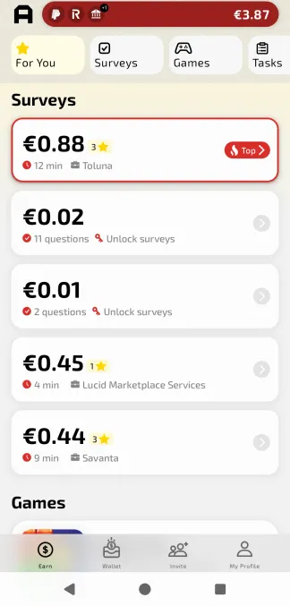 AttaPoll survey list showing available surveys with estimated time, payout amount, and star rating for match quality