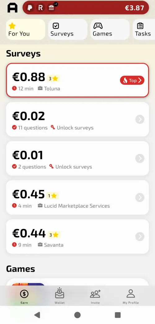 AttaPoll survey list showing available surveys with estimated time, payout amount, and star rating for match quality