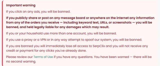 SerpClix dashboard warning that clicking ads, sharing order details, using multiple accounts, or using a VPN will get your account banned and forfeit unpaid earnings
