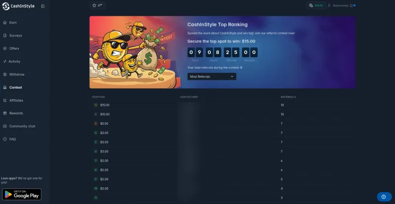 Strona konkursow polecen CashInStyle pokazujaca nagrode $15 za pierwsze miejsce, odliczanie i pozycje w rankingu