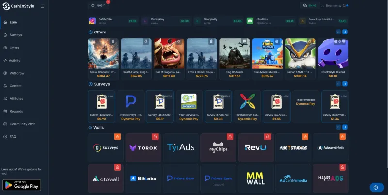 Strona zarobkow CashInStyle pokazujaca oferty, ankiety i wszystkie dostepne sciany ofert w tym Torox, TyrAds, BitLabs, RevU i wiecej