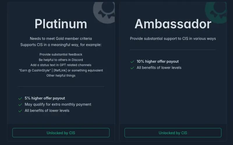 Rangi Platyna i Ambasador CashInStyle pokazujace 5% i 10% wyzsze wyplaty za oferty