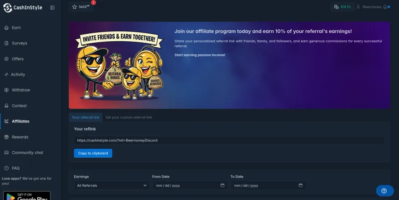Strona programu partnerskiego CashInStyle pokazujaca 10% prowizji za polecenia ze spersonalizowanym linkiem