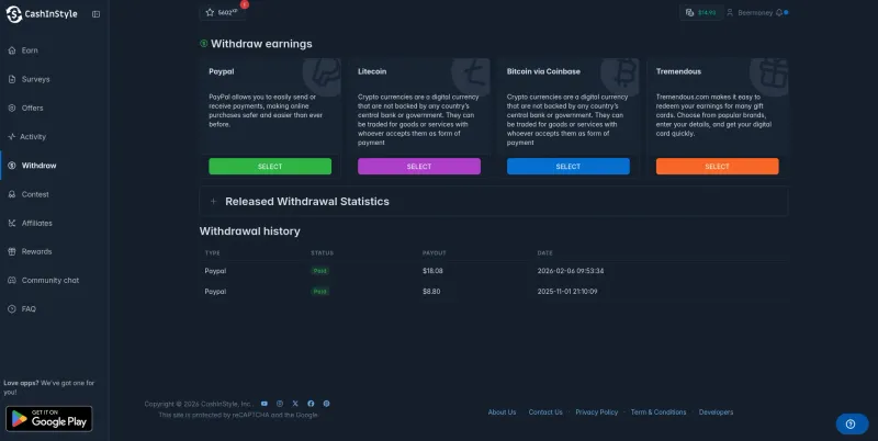 Strona wyplat CashInStyle pokazujaca PayPal, Litecoin, Bitcoin przez Coinbase i opcje Tremendous z historia udanych wyplat