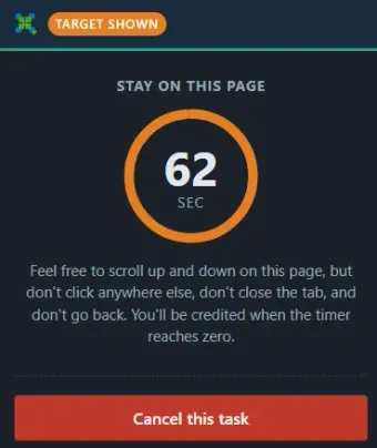 SerpClix ClickSense side panel with a 62 second timer and a note to stay on the page until it reaches zero