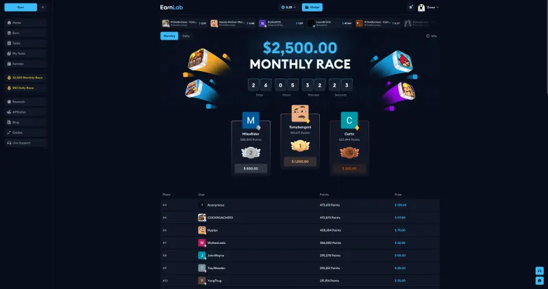 EarnLab $2,500 monthly race leaderboard showing top 10 earners with prizes from $500 to $15