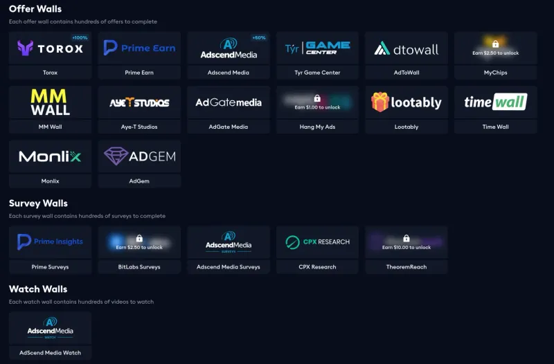 EarnLab offer walls overview showing Torox with +100% boost, Prime Earn with +60% boost, and 12 additional providers including survey walls and watch walls