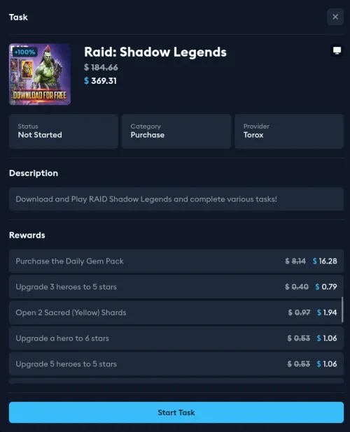 EarnLab Raid Shadow Legends offer on Torox with +100% boost showing $369.31 total reward across multiple milestones