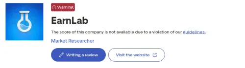 EarnLab Trustpilot page showing warning: score not available due to violation of guidelines