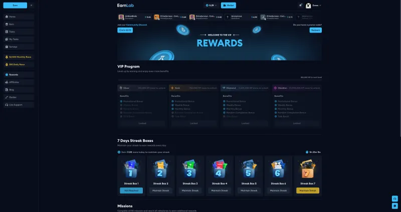 EarnLab VIP rewards page showing Silver, Gold, Diamond, and Obsidian tiers with 7-day streak boxes