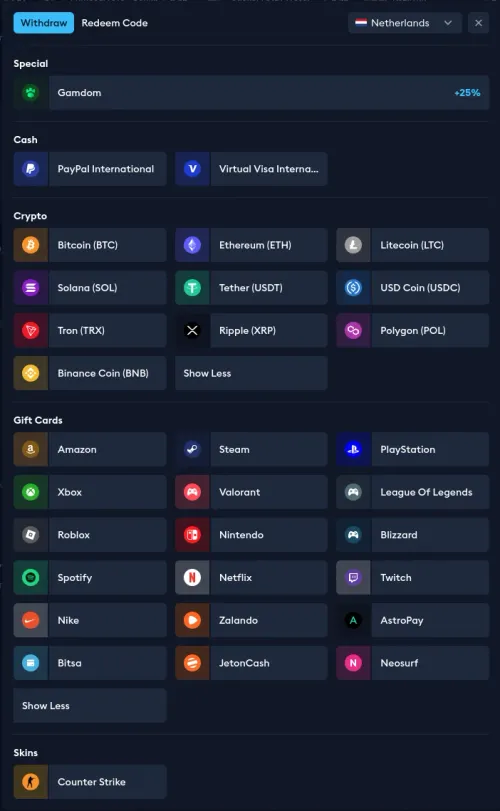 EarnLab full payout options from the Netherlands: Gamdom with 25% bonus, PayPal and Visa cash, 10 cryptocurrencies including Bitcoin, Ethereum, Solana, Tether, Ripple, Polygon and Binance Coin, 18 gift cards including Amazon, Steam, PlayStation, Xbox, Spotify, Netflix, Nike, Zalando, and Counter Strike skins
