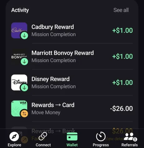 EarnOS wallet activity showing mission rewards, a successful $26 move from rewards to the ero card, and a failed $26 rewards to bank withdrawal