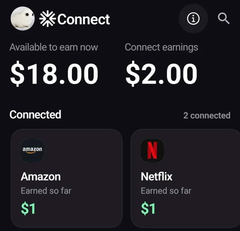 EarnOS Connect tab showing $18 available to earn, with Amazon and Netflix connected at $1 each