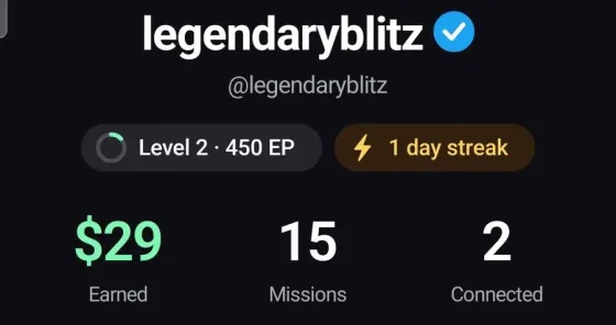 EarnOS profile screen showing $29 earned, 15 missions completed, 2 connected accounts, and a level 2 badge