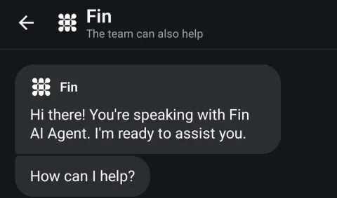 EarnOS in-app support chat with Fin, an AI agent, greeting the user under a header that reads The team can also help