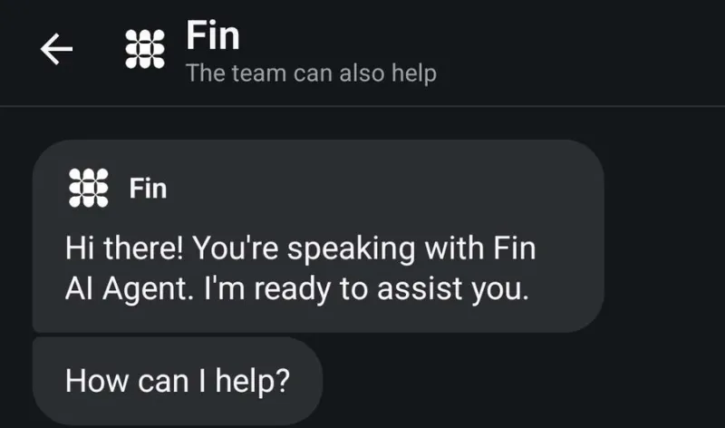 EarnOS in-app support chat with Fin, an AI agent, greeting the user under a header that reads The team can also help