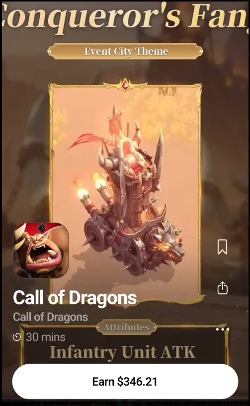 EarnOS game offer for Call of Dragons paying up to $346.21