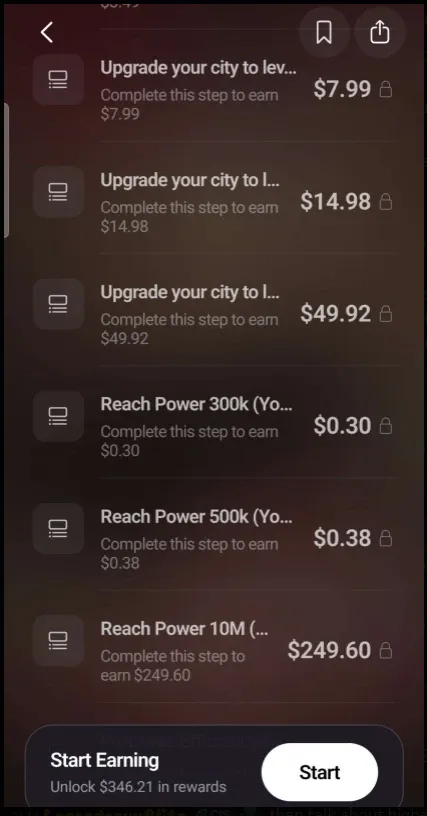 EarnOS reward breakdown for the Call of Dragons offer showing small early steps and $249.60 locked behind reaching Power 10M