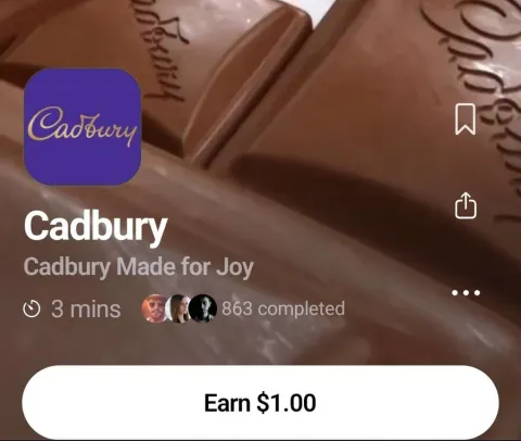 EarnOS mission card for Cadbury paying $1.00 for a 3 minute brand mission, with 863 completions