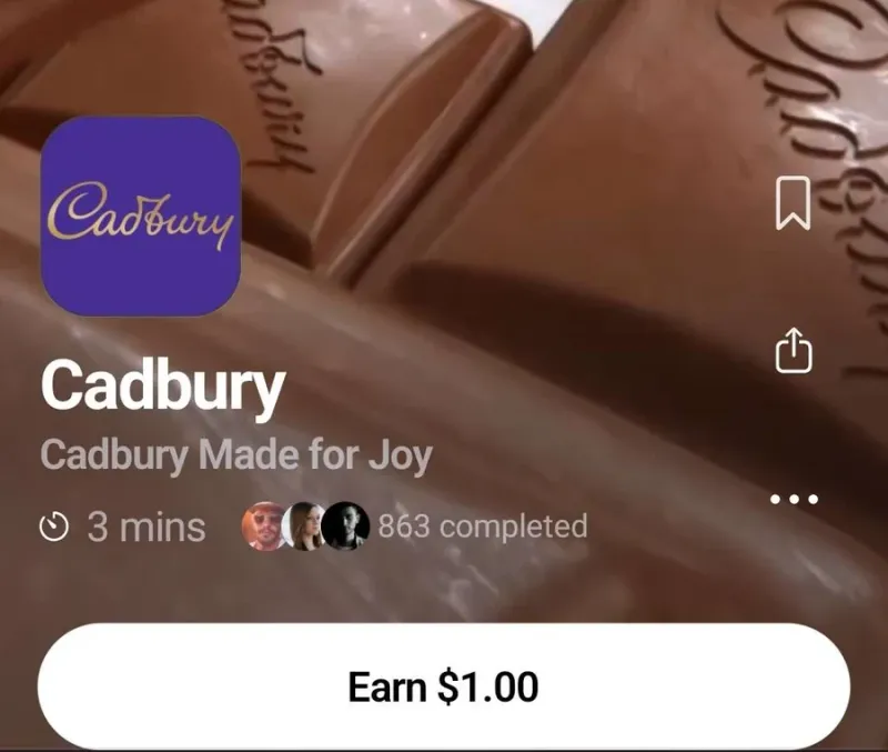 EarnOS mission card for Cadbury paying $1.00 for a 3 minute brand mission, with 863 completions
