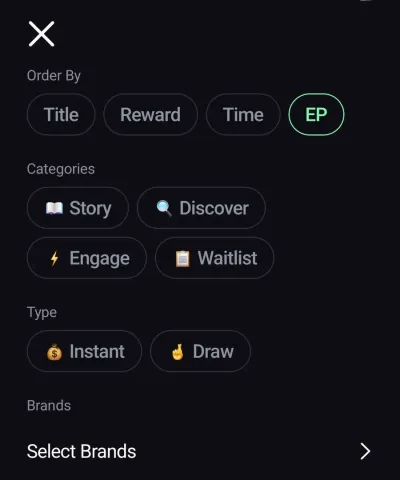 EarnOS mission filter sheet with sorting by title, reward, time, or EP, categories, and the Instant versus Draw type toggle