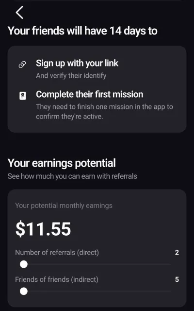 EarnOS referral screen showing the 14 day window for referrals to sign up and finish a first mission, and an estimated $11.55 monthly from two direct and five indirect referrals