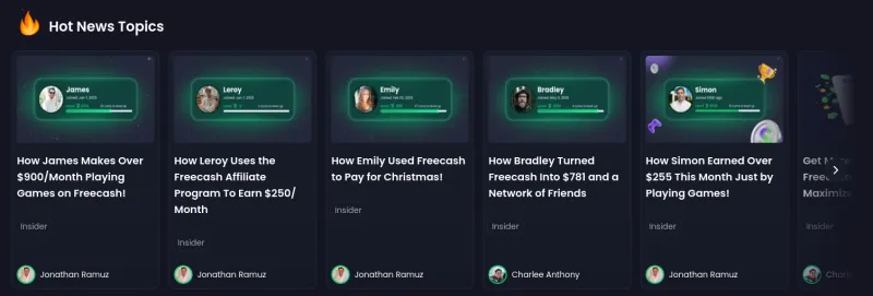 Historias de sucesso da Freecash Academy mostrando usuarios ganhando de $255 a $900 por mes atraves de jogos e indicacoes