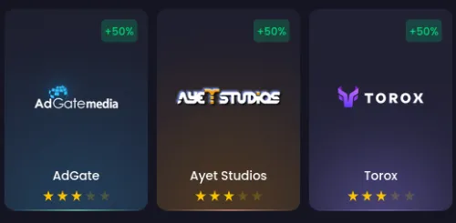 Offer walls do Freecash mostrando selos de +50% de bonus em AdGate, Ayet Studios e Torox