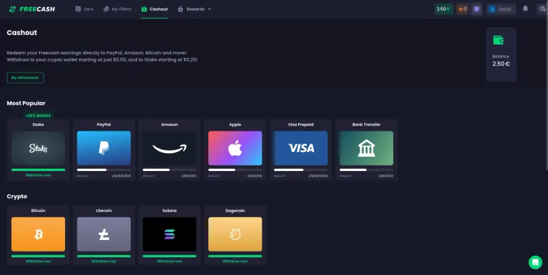 Pagina de saque do Freecash mostrando opcoes: Stake, PayPal, Amazon, Apple, Visa Prepaid, transferencia bancaria, Bitcoin, Litecoin, Solana e Dogecoin
