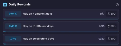 Recompensas diarias do Freecash mostrando pagamentos extras por jogar em 7, 15 e 30 dias diferentes