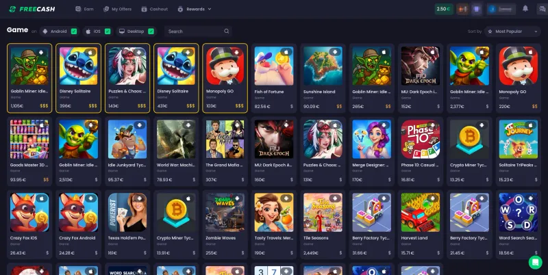 Pagina de ofertas de jogos do Freecash mostrando jogos como Idle Miner Tycoon, Puzzles and Chaos e Rise of Kingdoms com seus valores de recompensa