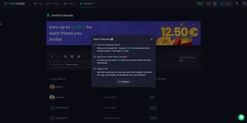 Programa de indicacao do Freecash mostrando 2.50 euros por convite de amigo e 10 euros de bonus no primeiro saque