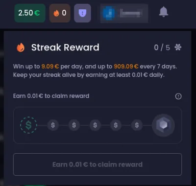 Painel de recompensas por sequencia do Freecash mostrando ate 9.09 euros por dia e 909.09 euros a cada 7 dias