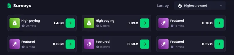 Pagina de pesquisas do Freecash ordenada pela maior recompensa, mostrando pagamentos de €0.52 a €1.48