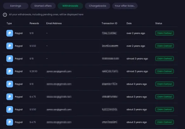 Historico de saques do Freecash mostrando multiplos pagamentos bem-sucedidos por PayPal ao longo de varios anos