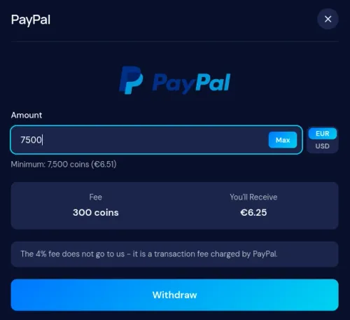 Gain.gg PayPal withdrawal screen showing minimum 7,500 coins, 4% fee of 300 coins, and net payout of 6.25 euros