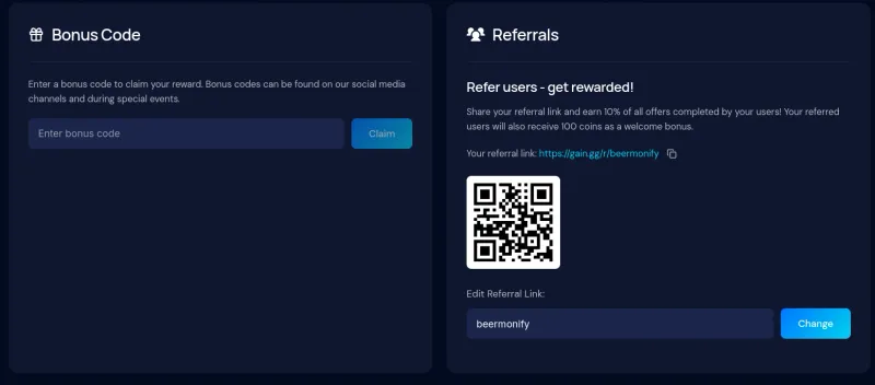 Gain.gg bonus code entry field and referral program showing 10% commission on all offers completed by referred users, with custom referral link