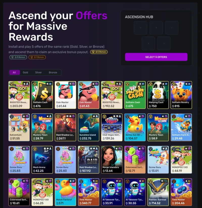 Gemsloot Ascend Hub showing Gold, Silver, and Bronze tier game offers with payout amounts, including Raid Shadow Legends, Monopoly Go, and Call of Dragons