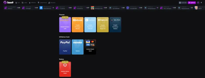 Gemsloot withdrawal options showing crypto (Bitcoin, Litecoin, Dogecoin, Solana with Roobet 20% bonus), cash (PayPal, Venmo, Instant Debit Card), and Roblox Game Mode with 30% bonus