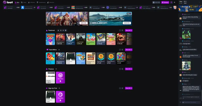 Gemsloot earn page showing featured game offers including Raid Shadow Legends, Rise of Kingdoms, and Call of Dragons, with promo banners and fast offers section