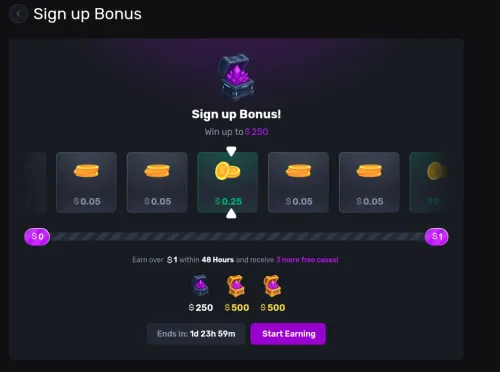 Gemsloot sign up bonus page showing free spin with prizes up to $250, plus earn $1 within 48 hours for 3 additional free cases