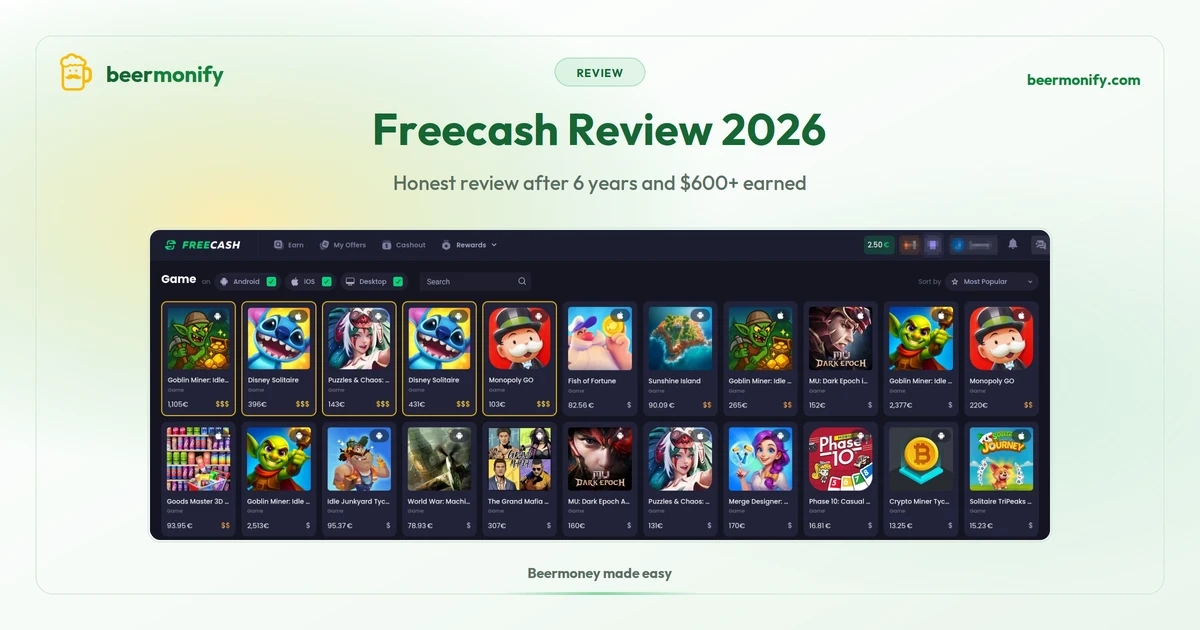 Freecash review 2026: cashout page showing PayPal, crypto, and gift card withdrawal options