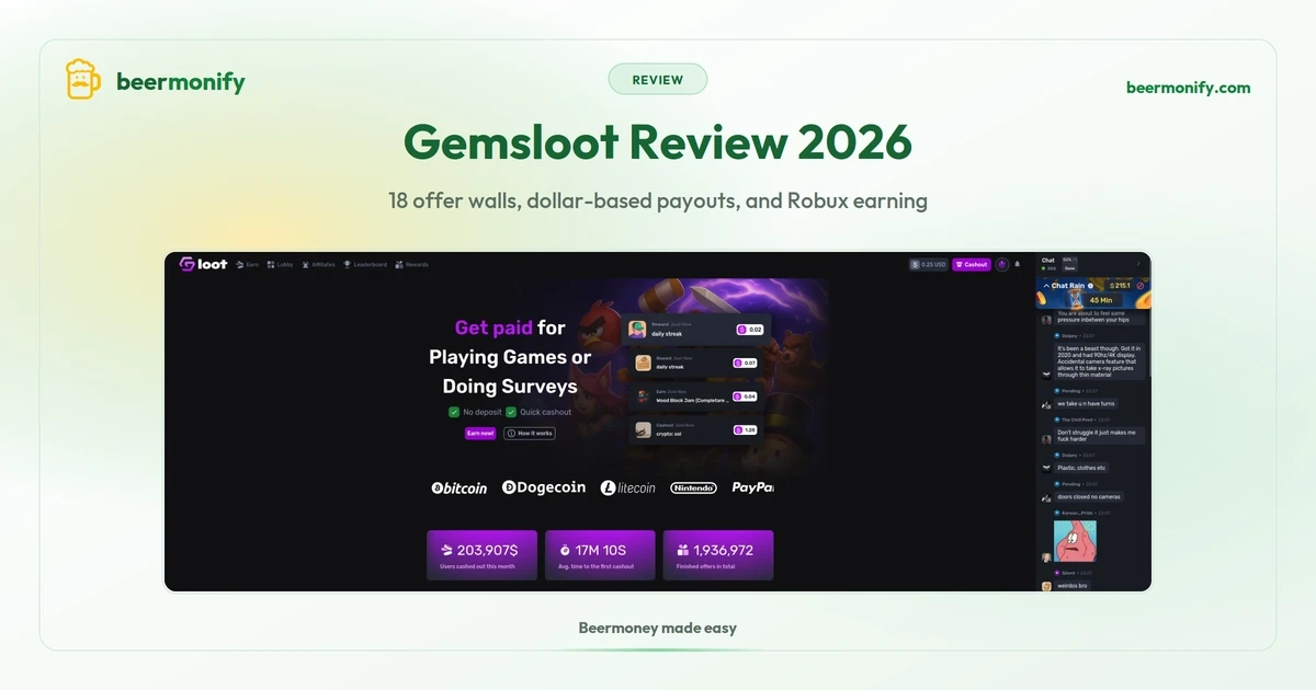 Gemsloot review 2026: homepage showing get paid for playing games, crypto withdrawal options, live chat, and $203K cashed out this month