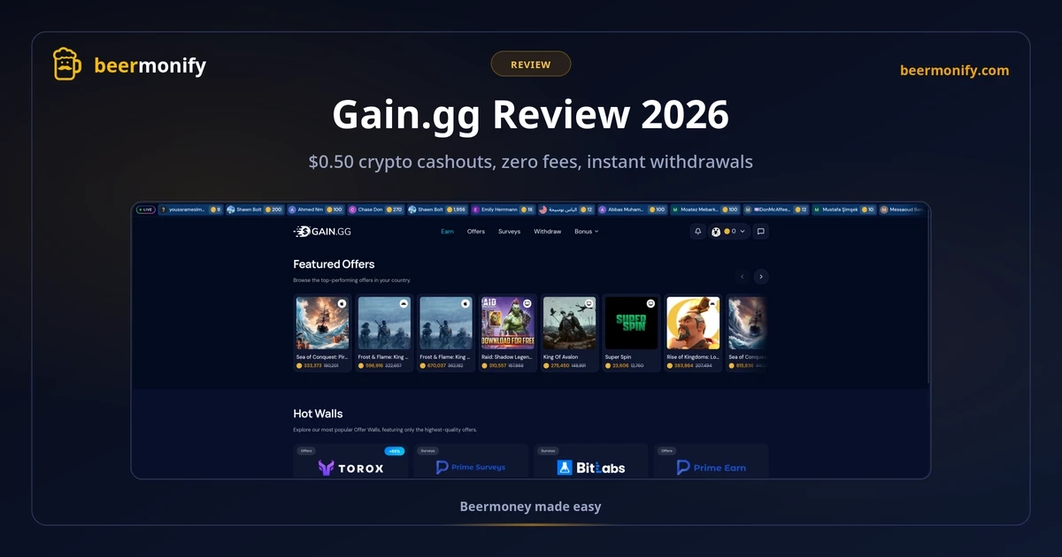 Gain.gg review 2026: earn page showing featured offers, hot walls including Torox and BitLabs, and top surveys