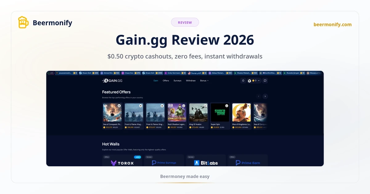 Gain.gg review 2026: earn page showing featured offers, hot walls including Torox and BitLabs, and top surveys